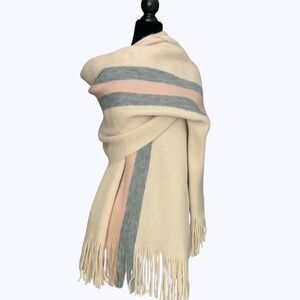 Anthropologie NWOT Soft Warm Knit Cream, Blue, Pink Fringed Shawl Scarf Wrap